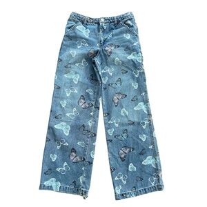 Wide Leg Butterfly Print Boho Y2K Style  Medium Denim Jeans Size 28 Waist